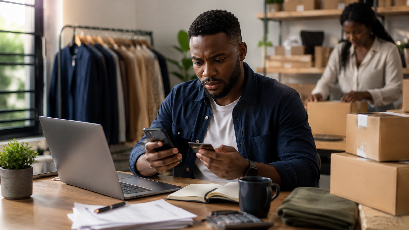 Small-business owner checking a suspicious payment card and phone message at his shop