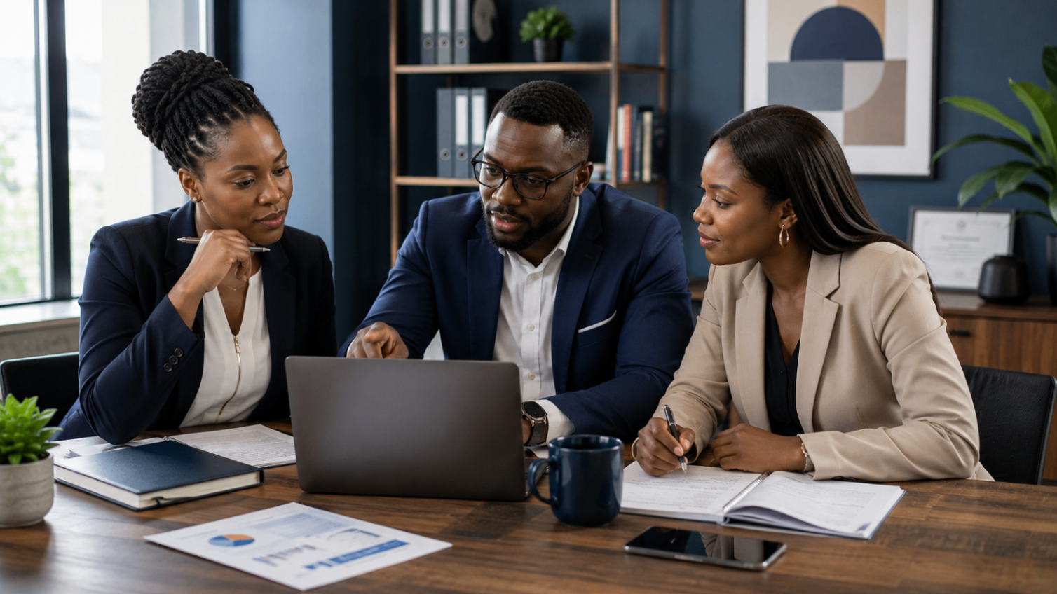 Three professionals reviewing client files together in a modern office