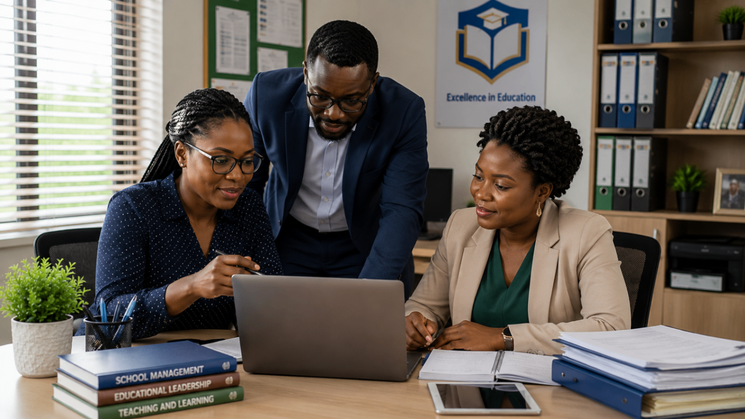 Three school administrators reviewing management records on a laptop