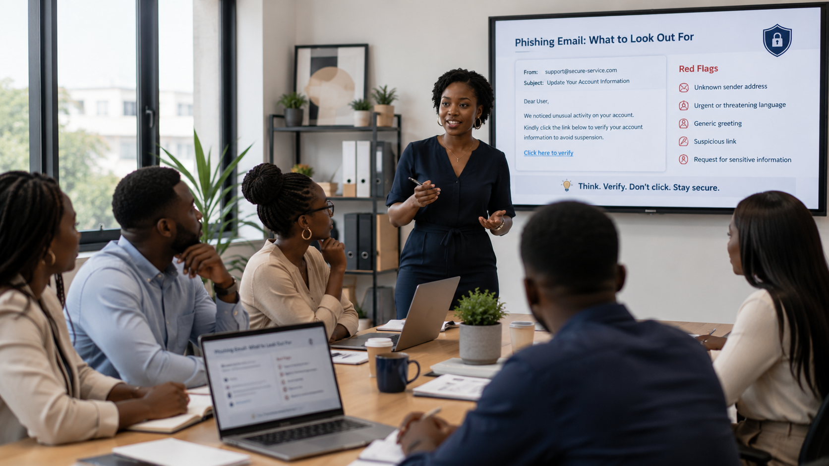 Trainer leading an employee cybersecurity awareness session with a phishing example on the screen