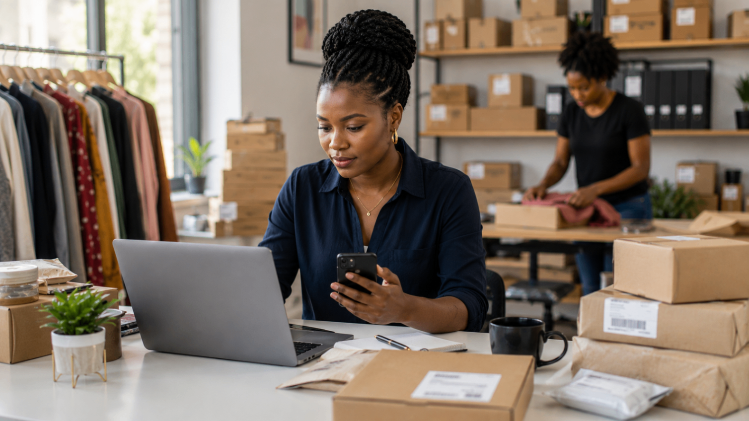 Retail entrepreneur managing orders on a laptop and smartphone surrounded by parcels