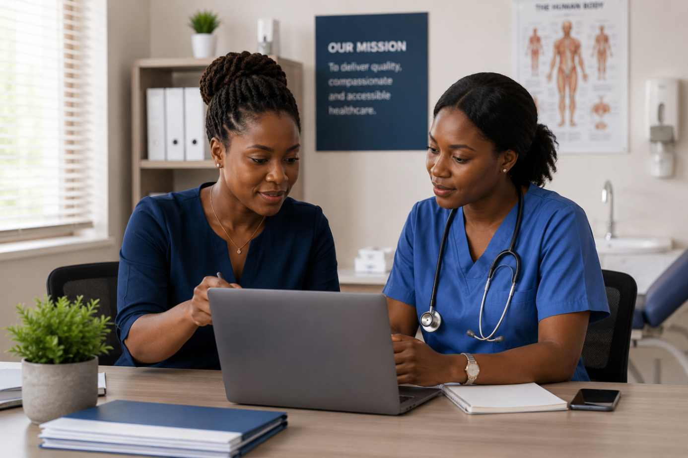 Two healthcare professionals reviewing patient information on a laptop