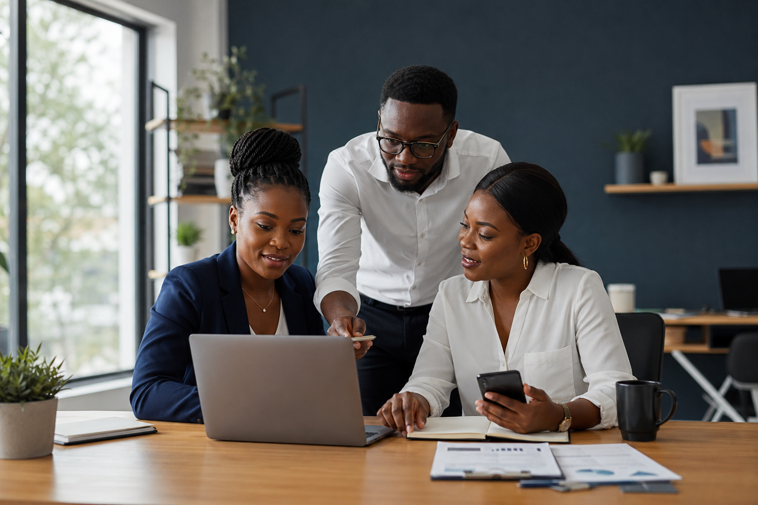 African SME team collaborating around a laptop in a modern office